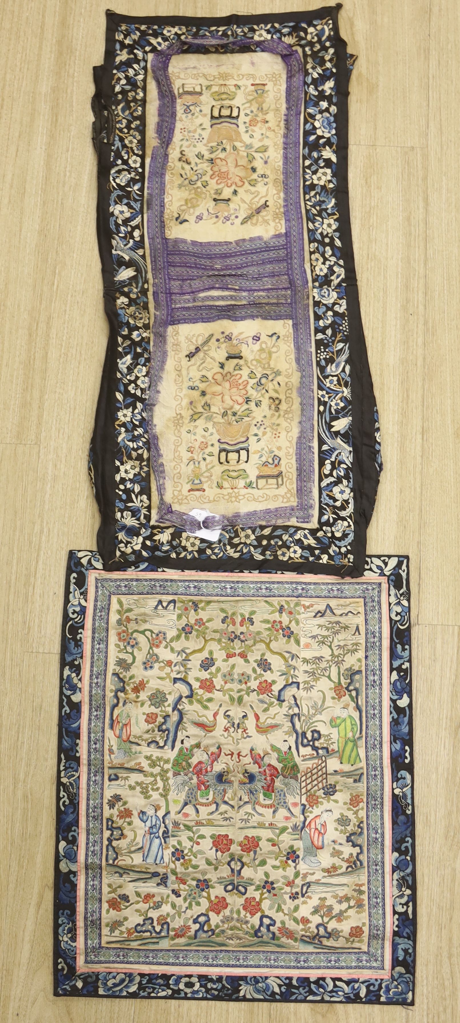 A 19th century Chinese silk embroidered panel, embroidered with Chinese knotting of a ceremonial scene and another